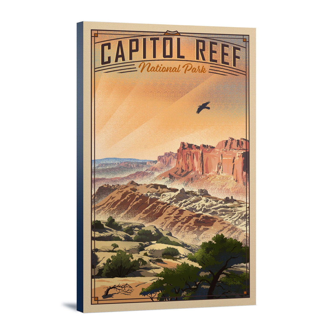 Capitol Reef National Park, Utah, Water Pocket Fold, Lithograph National Park Series, Lantern Press Artwork, Stretched Canvas Canvas Lantern Press 12x18 Stretched Canvas 