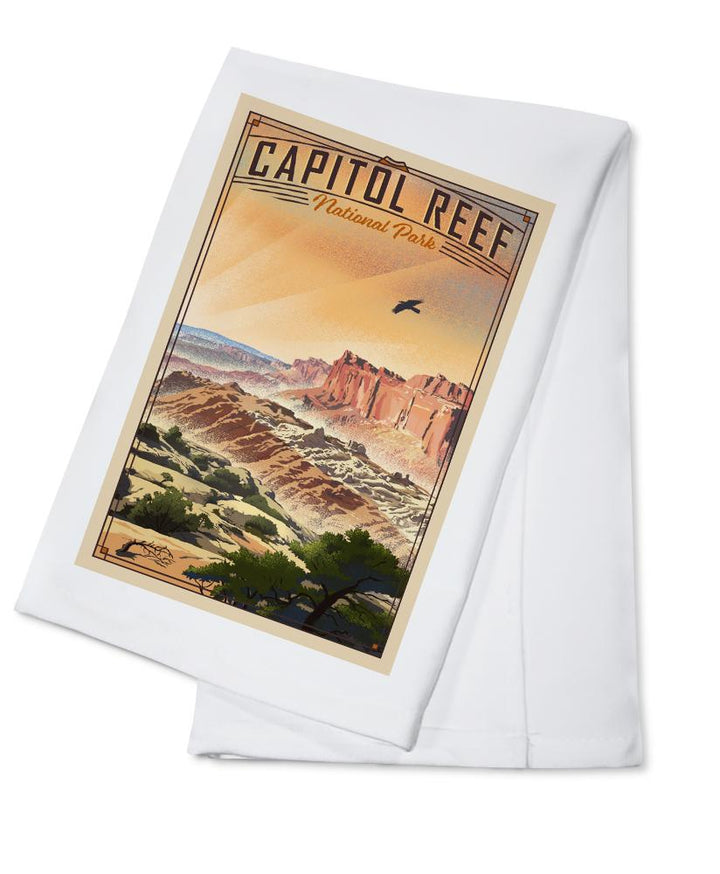 Capitol Reef National Park, Utah, Water Pocket Fold, Lithograph National Park Series, Lantern Press Artwork, Towels and Aprons Kitchen Lantern Press Cotton Towel 