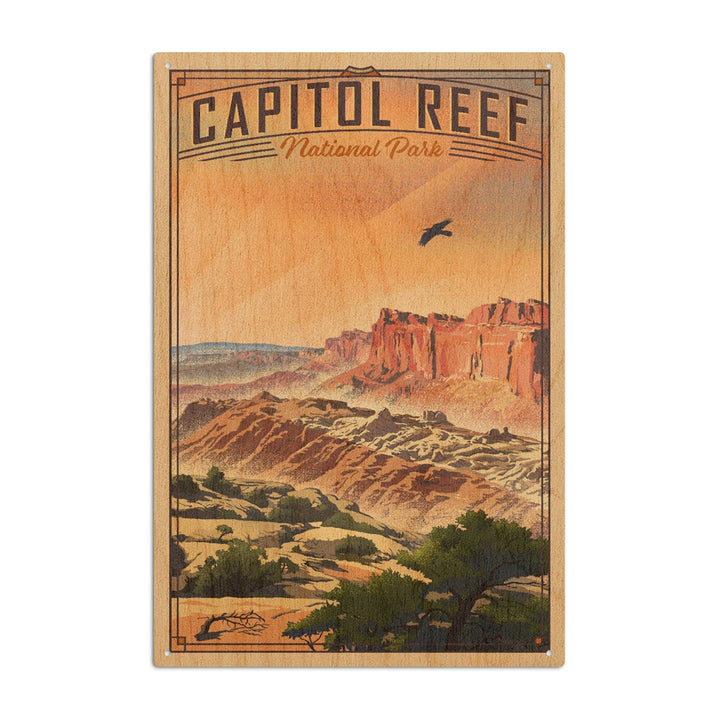 Capitol Reef National Park, Utah, Water Pocket Fold, Lithograph National Park Series, Lantern Press Artwork, Wood Signs and Postcards Wood Lantern Press 10 x 15 Wood Sign 