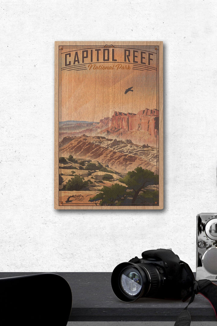Capitol Reef National Park, Utah, Water Pocket Fold, Lithograph National Park Series, Lantern Press Artwork, Wood Signs and Postcards Wood Lantern Press 12 x 18 Wood Gallery Print 