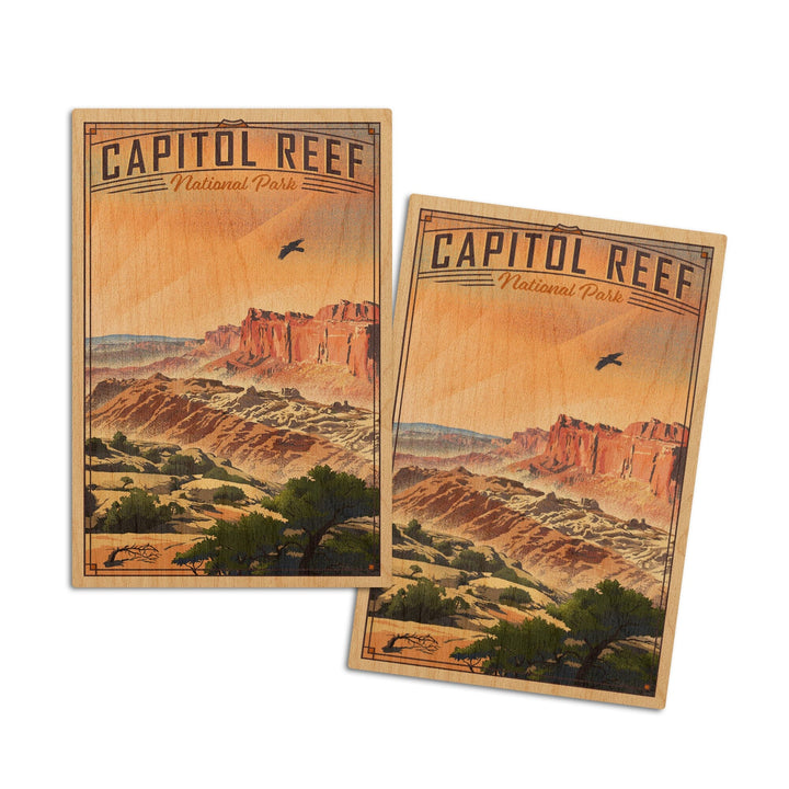 Capitol Reef National Park, Utah, Water Pocket Fold, Lithograph National Park Series, Lantern Press Artwork, Wood Signs and Postcards Wood Lantern Press 4x6 Wood Postcard Set 