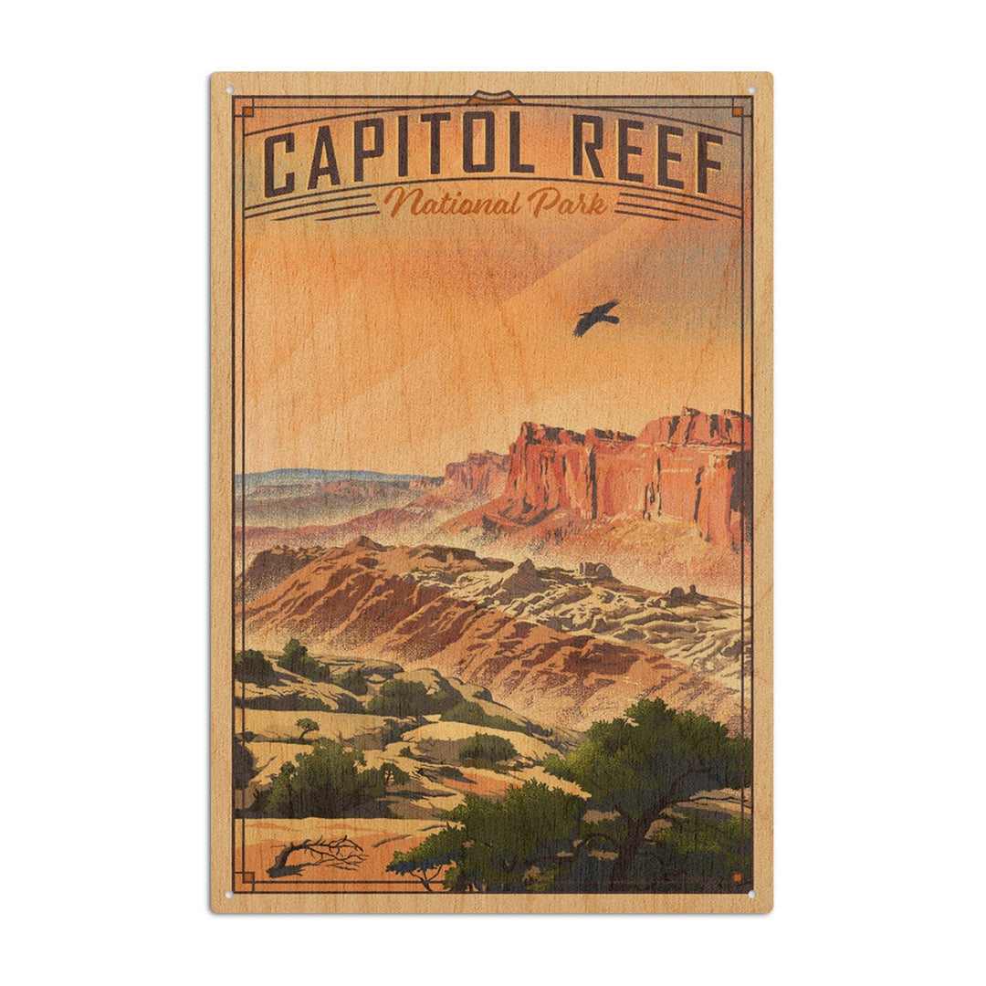 Capitol Reef National Park, Utah, Water Pocket Fold, Lithograph National Park Series, Lantern Press Artwork, Wood Signs and Postcards Wood Lantern Press 6x9 Wood Sign 