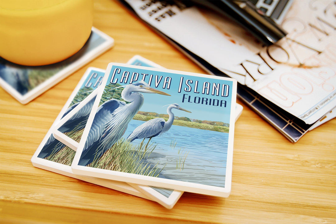 Captiva Island, Florida, Blue Herons in grass, Lantern Press Poster, Coaster Set Coasters Lantern Press 