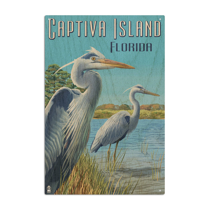Captiva Island, Florida, Blue Herons in grass, Lantern Press Poster, Wood Signs and Postcards Wood Lantern Press 10 x 15 Wood Sign 