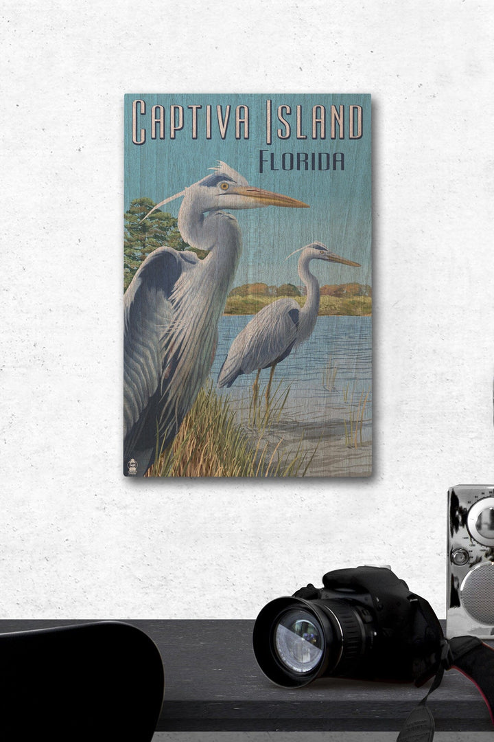 Captiva Island, Florida, Blue Herons in grass, Lantern Press Poster, Wood Signs and Postcards Wood Lantern Press 12 x 18 Wood Gallery Print 