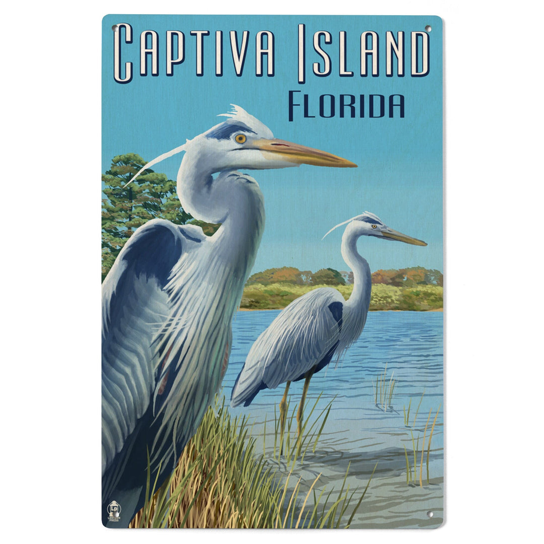 Captiva Island, Florida, Blue Herons in grass, Lantern Press Poster, Wood Signs and Postcards Wood Lantern Press 
