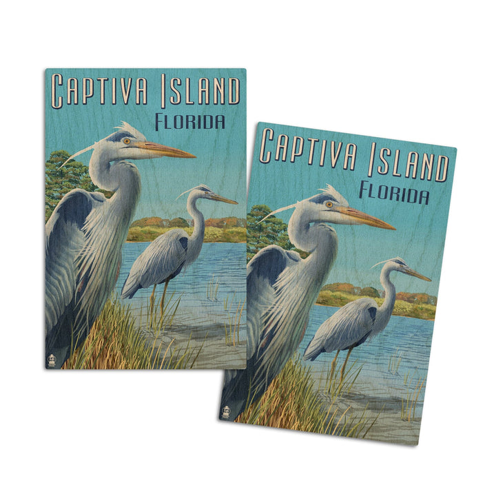 Captiva Island, Florida, Blue Herons in grass, Lantern Press Poster, Wood Signs and Postcards Wood Lantern Press 4x6 Wood Postcard Set 