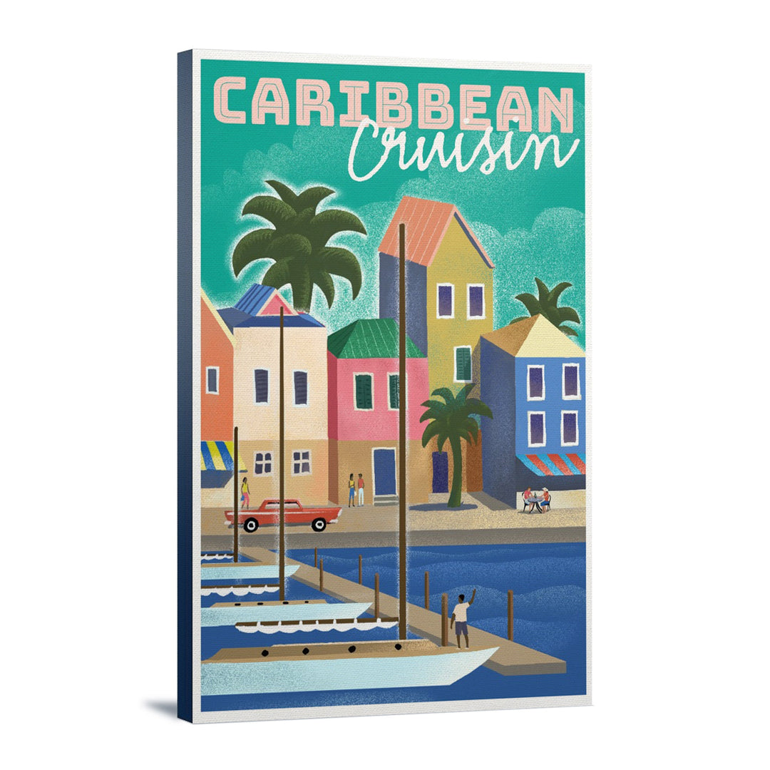 Caribbean Cruisin, Waterside Dock, Lithograph, Lantern Press Artwork, Stretched Canvas Canvas Lantern Press 12x18 Stretched Canvas 