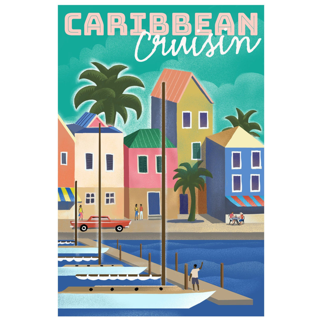 Caribbean Cruisin, Waterside Dock, Lithograph, Lantern Press Artwork, Stretched Canvas Canvas Lantern Press 
