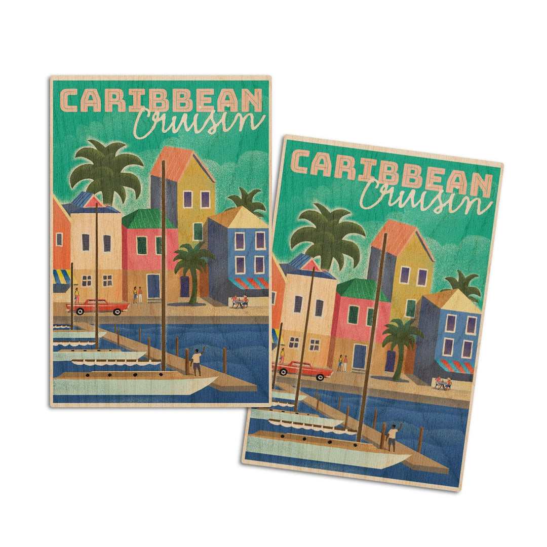 Caribbean Cruisin, Waterside Dock, Lithograph, Lantern Press Artwork, Wood Signs and Postcards Wood Lantern Press 4x6 Wood Postcard Set 
