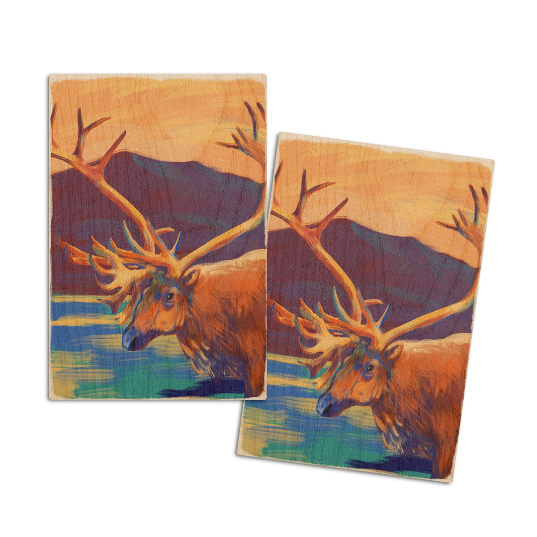 Caribou, Vivid, Lantern Press Artwork, Wood Signs and Postcards Wood Lantern Press 4x6 Wood Postcard Set 