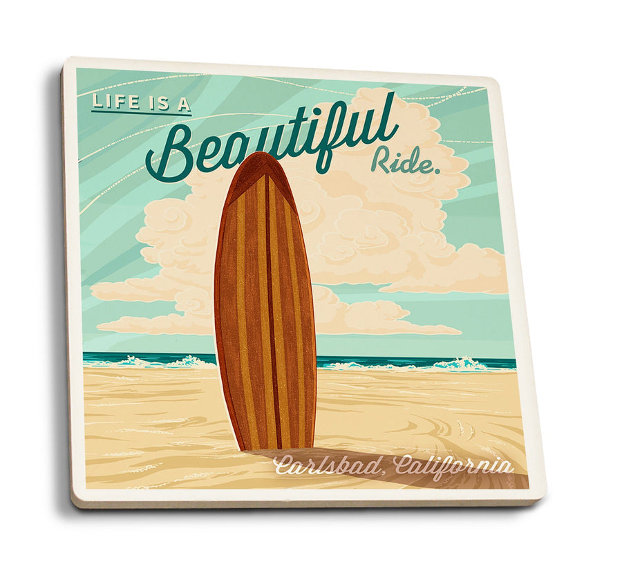 Carlsbad, California, Life is a Beautiful Ride Surfboard Letterpress, Lantern Press Artwork, Coaster Set Coasters Lantern Press 