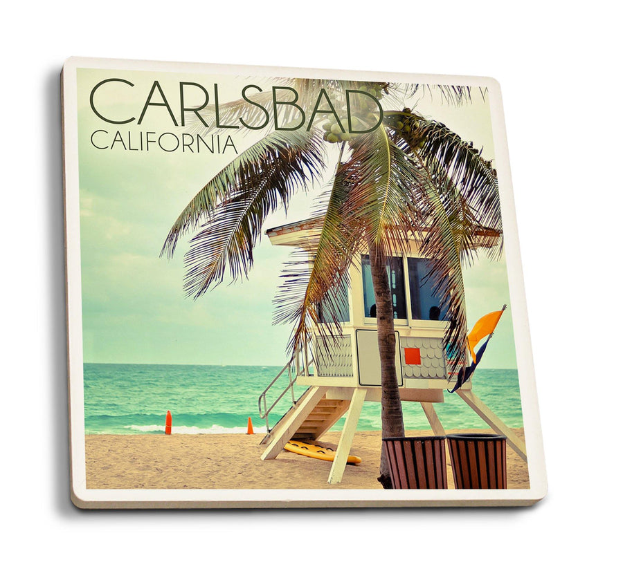 Carlsbad, California, Lifeguard Shack and Palm, Lantern Press Photography, Coaster Set Coasters Lantern Press 
