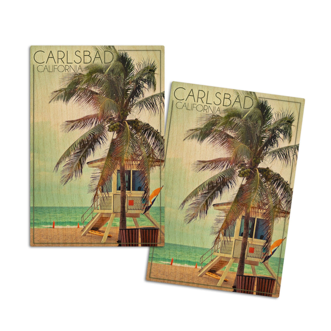 Carlsbad, California, Lifeguard Shack and Palm, Lantern Press Photography, Wood Signs and Postcards Wood Lantern Press 4x6 Wood Postcard Set 