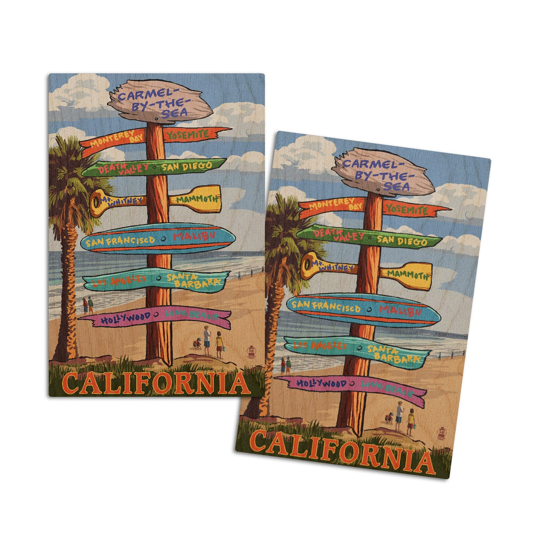 Carmel-by-the-Sea, California, Destination Signpost, Lantern Press Artwork, Wood Signs and Postcards Wood Lantern Press 4x6 Wood Postcard Set 