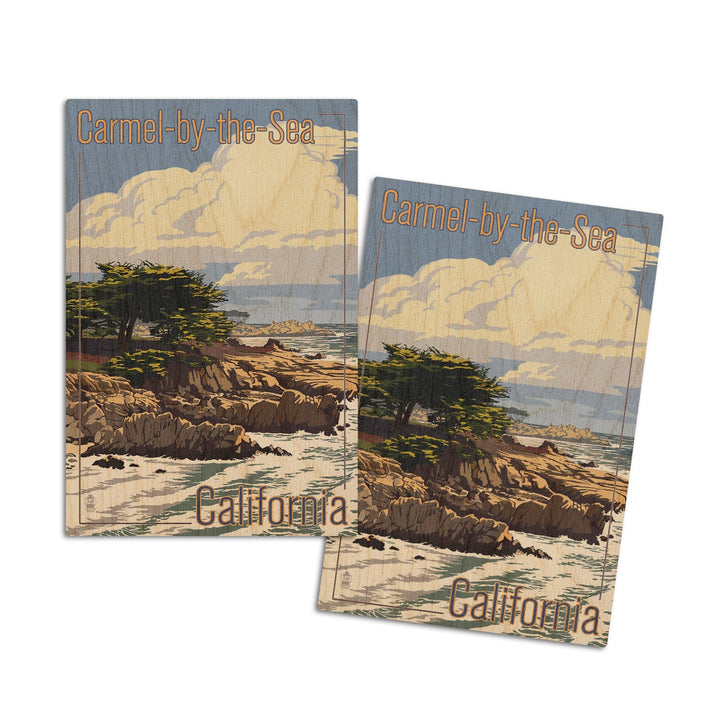 Carmel-by-the-Sea, California, View of Cypress Trees, Lantern Press Artwork, Wood Signs and Postcards Wood Lantern Press 4x6 Wood Postcard Set 