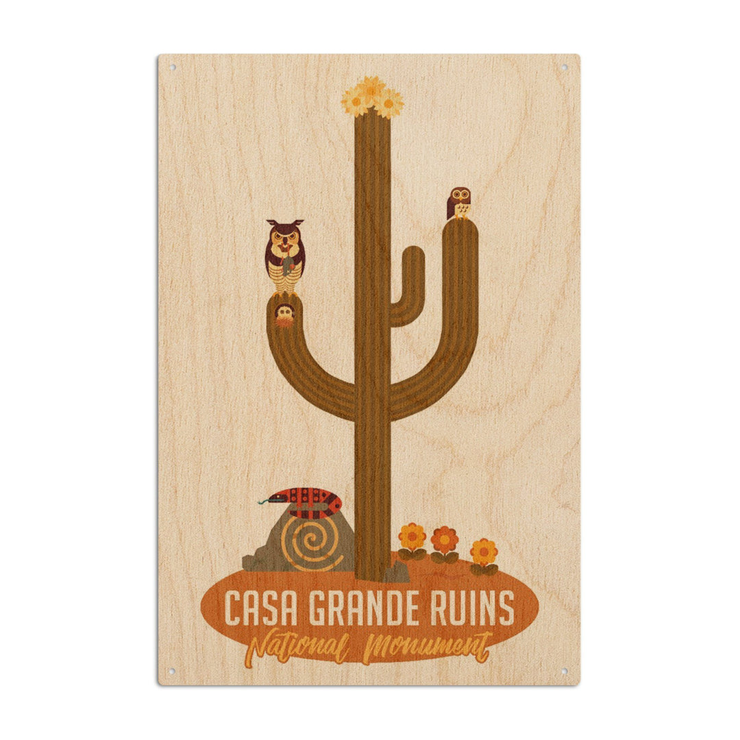 Casa Grande Ruins National Monument, Arizona, Saguaro & Owls, Geo, Contour, Lantern Press Artwork, Wood Signs and Postcards Wood Lantern Press 