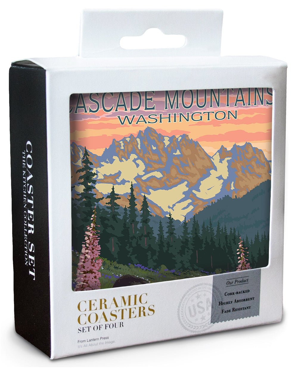 Cascade Mountains, Washington, Bears & Spring Flowers, Lantern Press Artwork, Coaster Set Coasters Lantern Press 