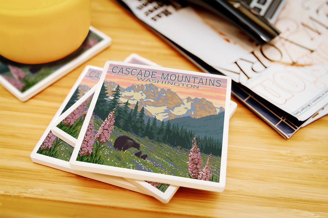 Cascade Mountains, Washington, Bears & Spring Flowers, Lantern Press Artwork, Coaster Set Coasters Lantern Press 