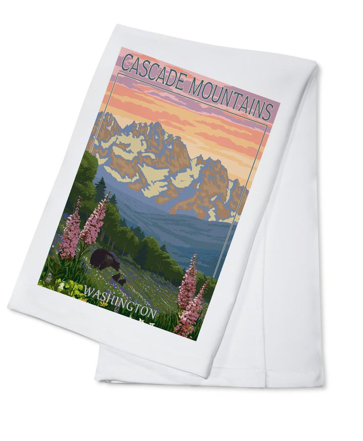 Cascade Mountains, Washington, Bears & Spring Flowers, Lantern Press Artwork, Towels and Aprons Kitchen Lantern Press Cotton Towel 