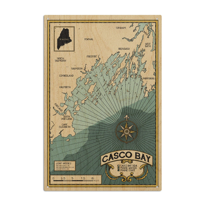 Casco Bay, Maine, Nautical Chart, Lantern Press Artwork, Wood Signs and Postcards Wood Lantern Press 10 x 15 Wood Sign 