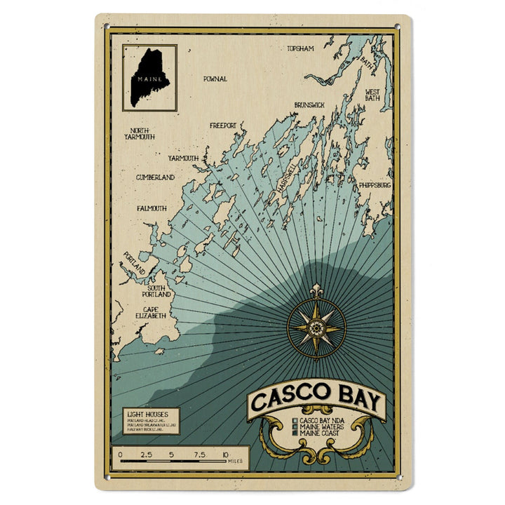 Casco Bay, Maine, Nautical Chart, Lantern Press Artwork, Wood Signs and Postcards Wood Lantern Press 