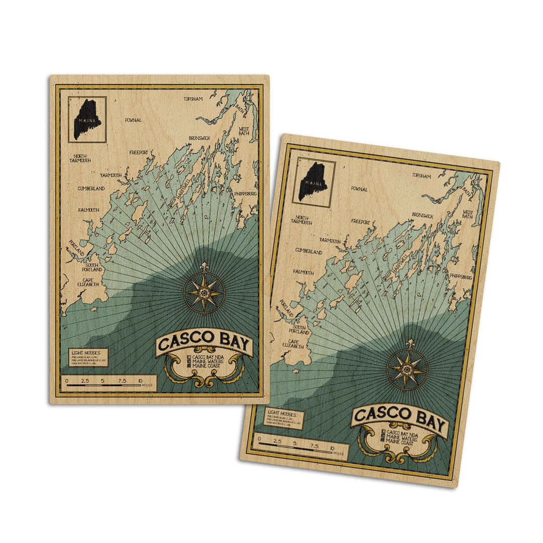 Casco Bay, Maine, Nautical Chart, Lantern Press Artwork, Wood Signs and Postcards Wood Lantern Press 4x6 Wood Postcard Set 
