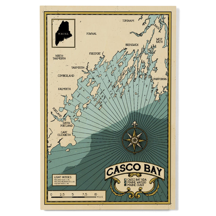Casco Bay, Maine, Nautical Chart, Lantern Press Artwork, Wood Signs and Postcards Wood Lantern Press 