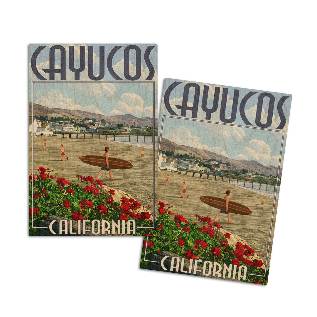 Cayucos, California, Beach & Pier Scene, Lantern Press Artwork, Wood Signs and Postcards Wood Lantern Press 4x6 Wood Postcard Set 
