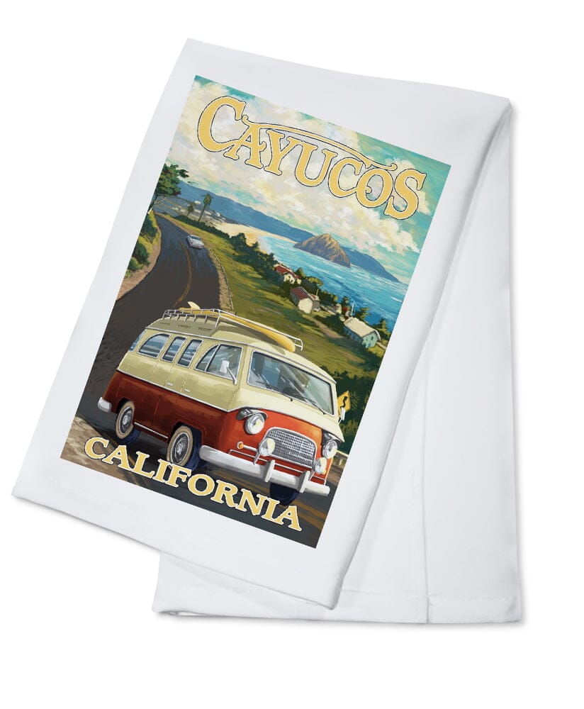 Cayucos, California, Camper Van, Coastal, Lantern Press Artwork Kitchen Lantern Press Cotton Towel 