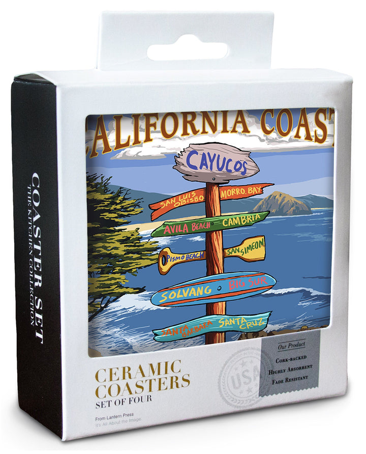 Cayucos, California, Destination Signpost, Lantern Press Artwork, Coaster Set Coasters Lantern Press 