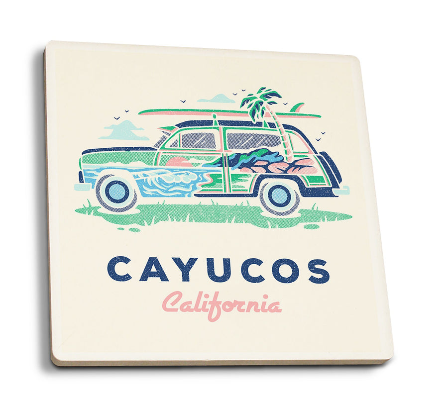 Cayucos, California, Woody, Distressed Vector, Lantern Press Artwork, Coaster Set Coasters Lantern Press 