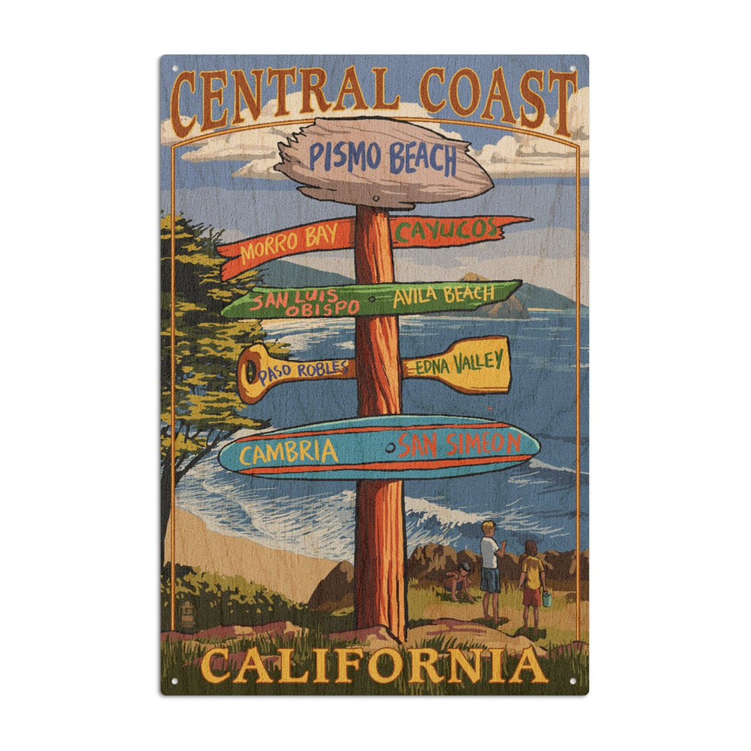 Central Coast, California, Destination Signpost, Lantern Press Artwork, Wood Signs and Postcards Wood Lantern Press 10 x 15 Wood Sign 