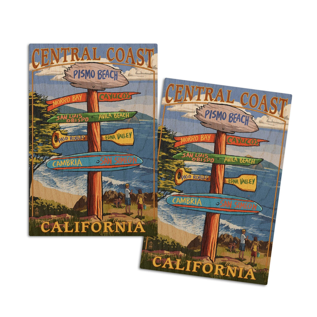 Central Coast, California, Destination Signpost, Lantern Press Artwork, Wood Signs and Postcards Wood Lantern Press 4x6 Wood Postcard Set 