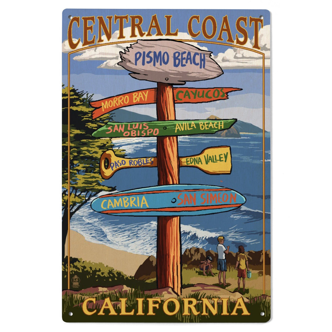 Central Coast, California, Destination Signpost, Lantern Press Artwork, Wood Signs and Postcards Wood Lantern Press 