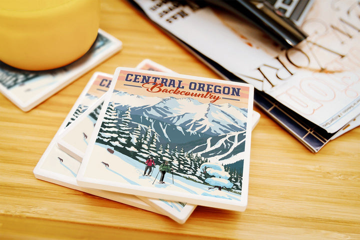 Central Oregon Backcountry, Winter Snowshoers, Lantern Press Artwork, Coaster Set Coasters Lantern Press 