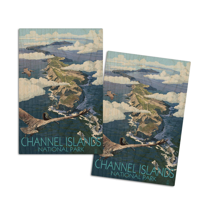 Channel Islands, California, Bird's Eye View, Painterly Series, Lantern Press Artwork, Wood Signs and Postcards Wood Lantern Press 4x6 Wood Postcard Set 