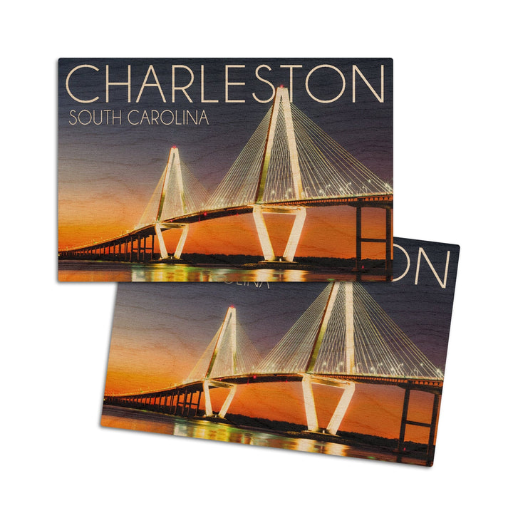 Charleston, South Carolina, Arthur Ravenel Jr. Bridge at Sunset, Lantern Press Photography, Wood Signs and Postcards Wood Lantern Press 4x6 Wood Postcard Set 