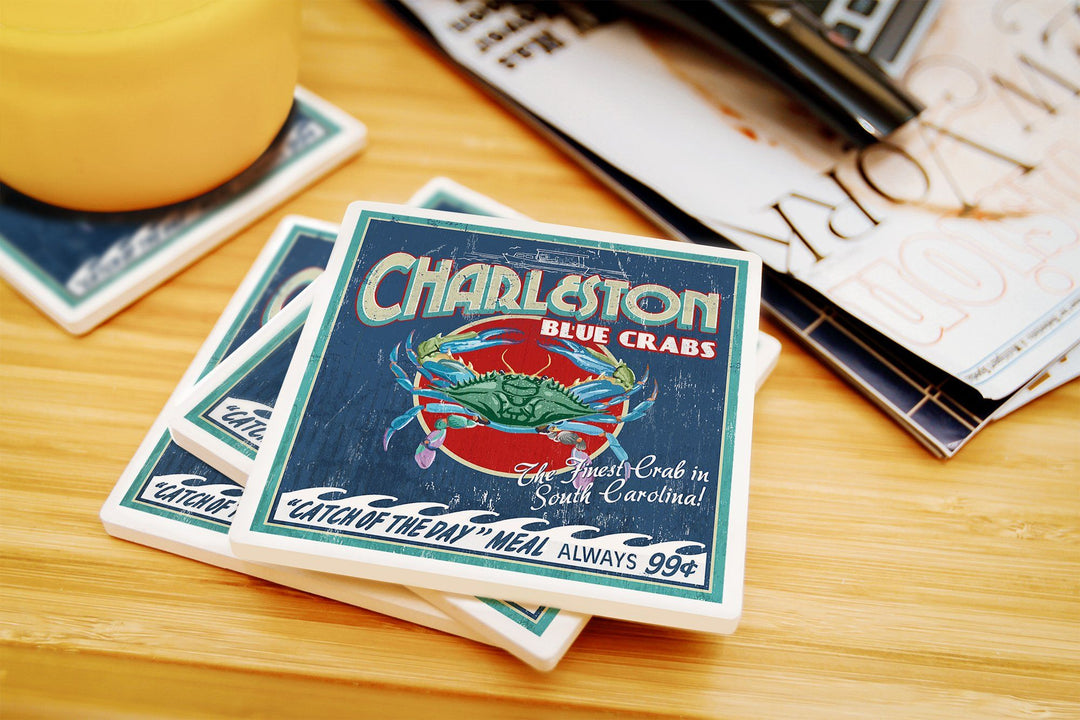 Charleston, South Carolina, Blue Crabs Vintage Sign, Lantern Press Artwork, Coaster Set Coasters Lantern Press 