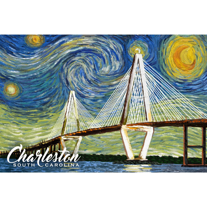 Charleston, South Carolina, Bridge, Starry Night, Organic Cotton Kitchen Tea Towels - Lantern Press