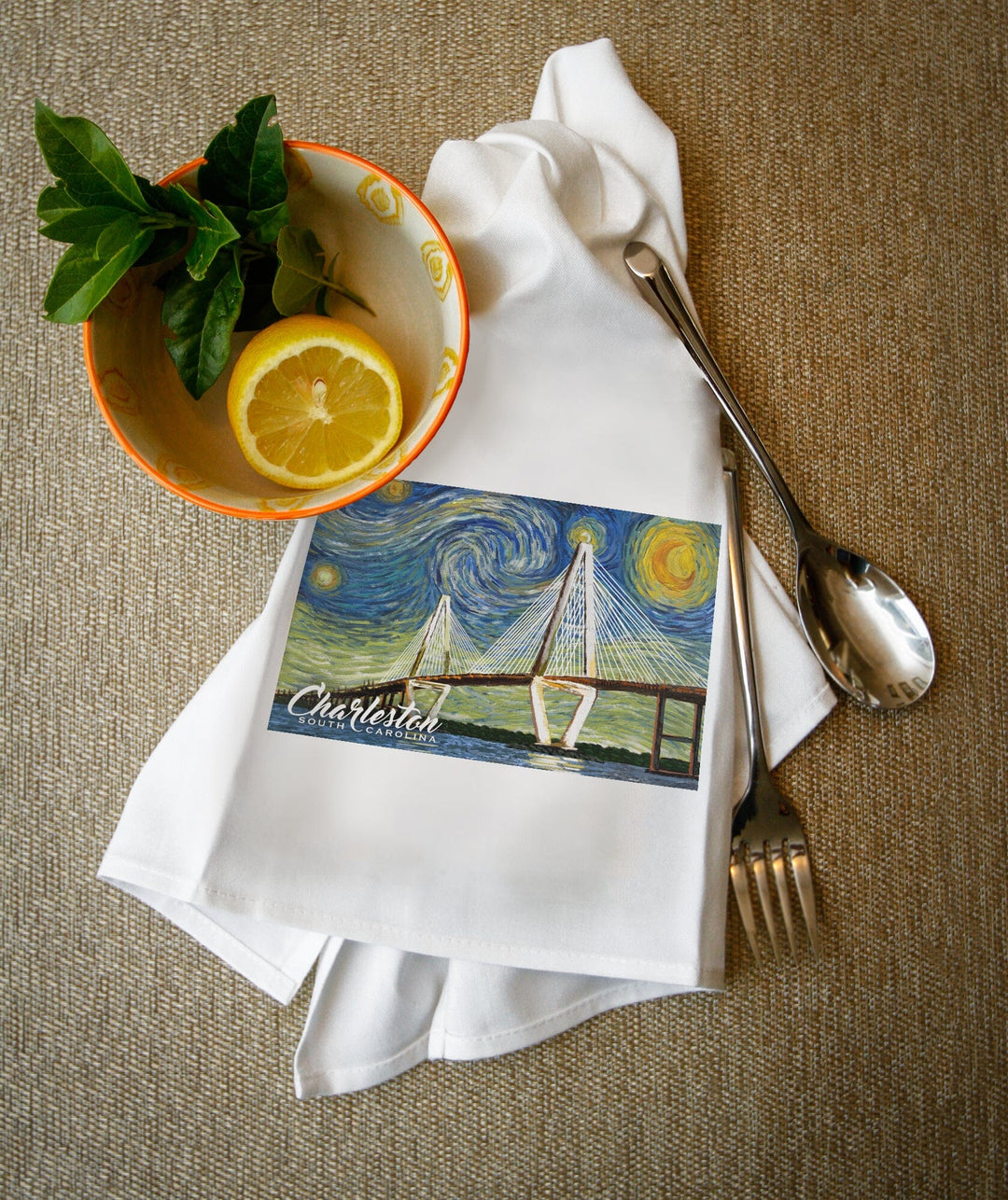 Charleston, South Carolina, Bridge, Starry Night, Organic Cotton Kitchen Tea Towels - Lantern Press