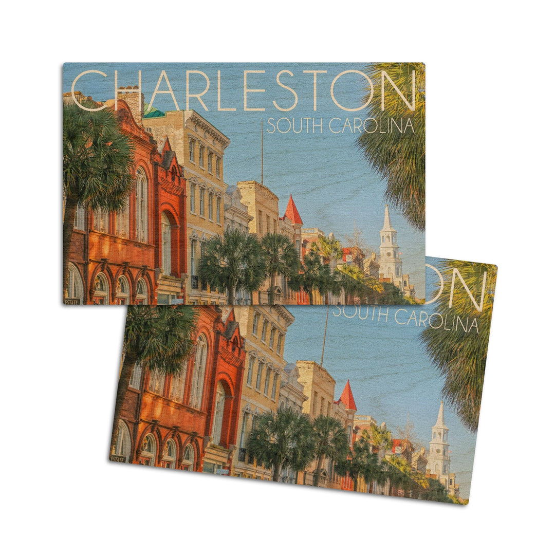 Charleston, South Carolina, Colorful Buildings, Lantern Press Photography, Wood Signs and Postcards Wood Lantern Press 4x6 Wood Postcard Set 
