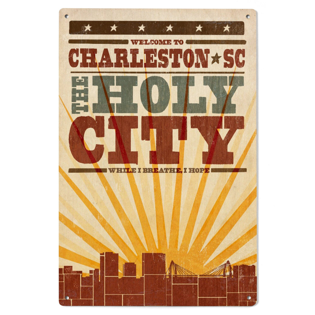 Charleston, South Carolina, Skyline & Sunburst Screenprint Style, Lantern Press Artwork, Wood Signs and Postcards Wood Lantern Press 