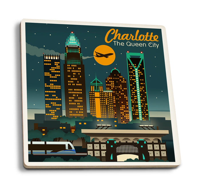 Charlotte, North Carolina, Retro Skyline, Lantern Press Artwork, Coaster Set Coasters Lantern Press 