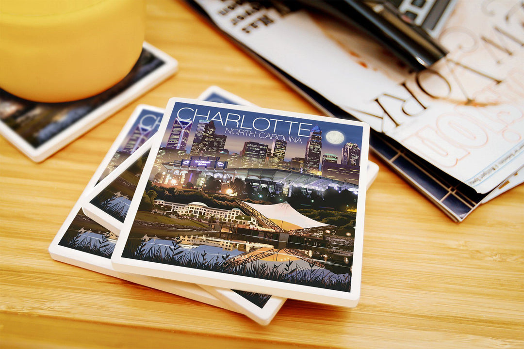 Charlotte, North Carolina, Skyline at Night, Lantern Press Artwork, Coaster Set Coasters Lantern Press 