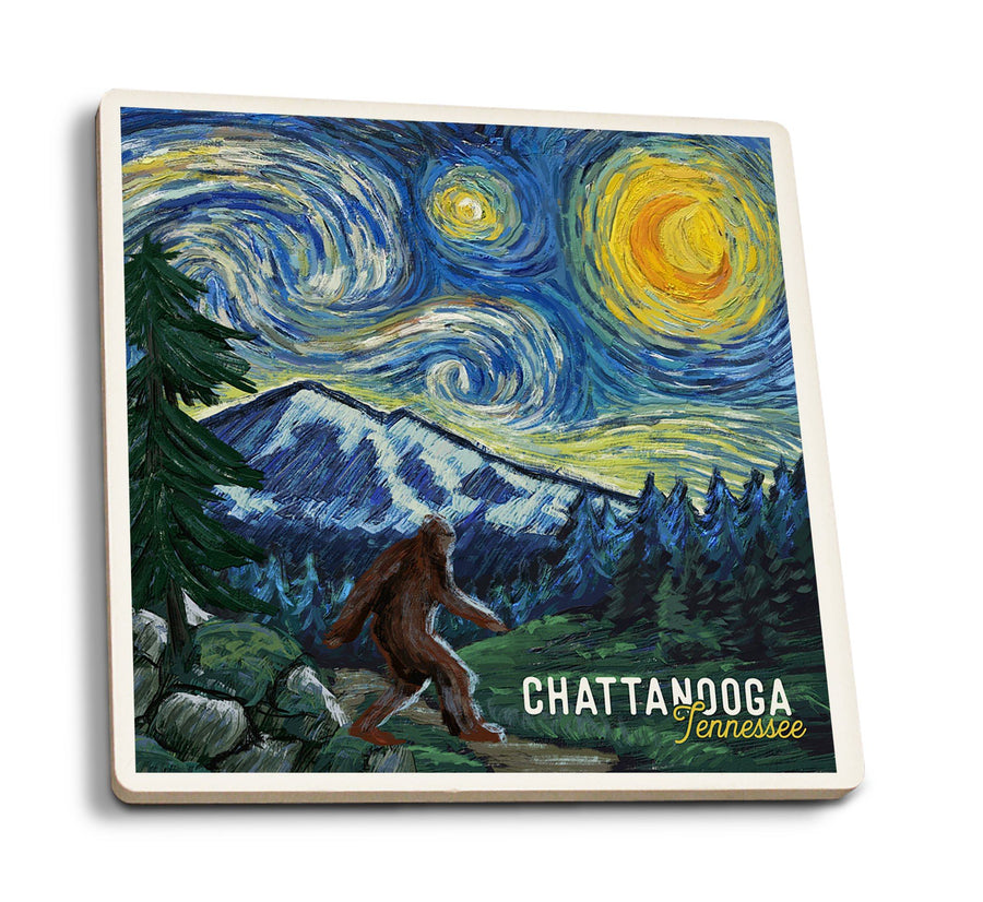 Chattanooga, Tennessee, Bigfoot, Starry Night, Lantern Press Artwork, Coaster Set Coasters Lantern Press 