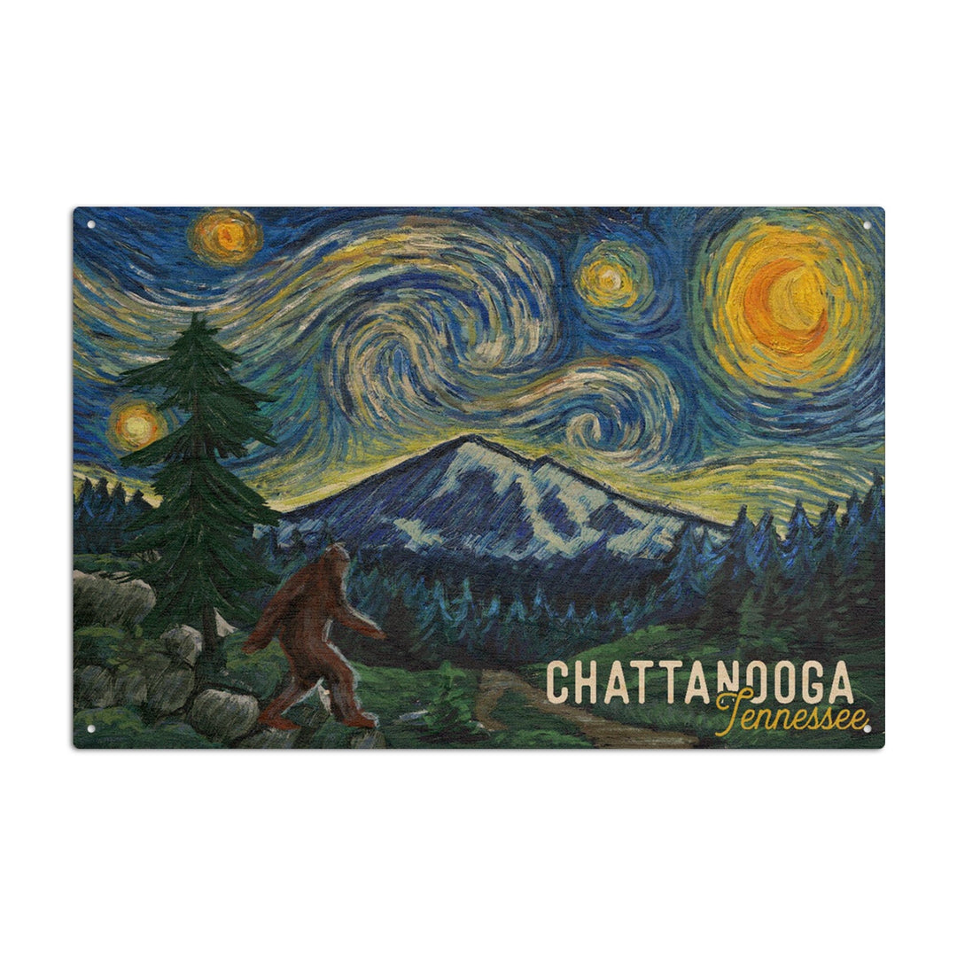 Chattanooga, Tennessee, Bigfoot, Starry Night, Lantern Press Artwork, Wood Signs and Postcards Wood Lantern Press 10 x 15 Wood Sign 