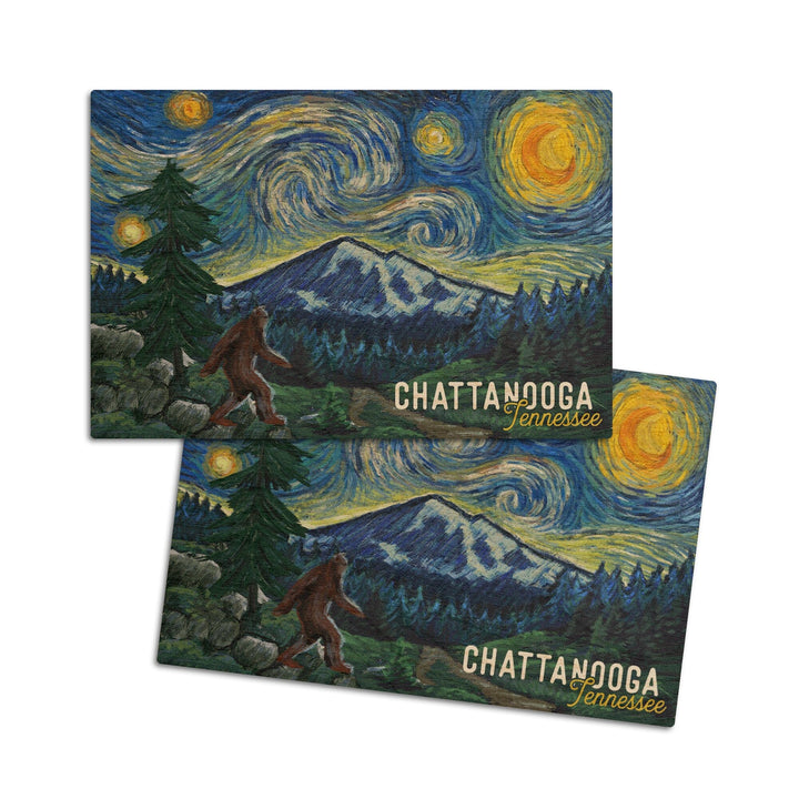 Chattanooga, Tennessee, Bigfoot, Starry Night, Lantern Press Artwork, Wood Signs and Postcards Wood Lantern Press 4x6 Wood Postcard Set 