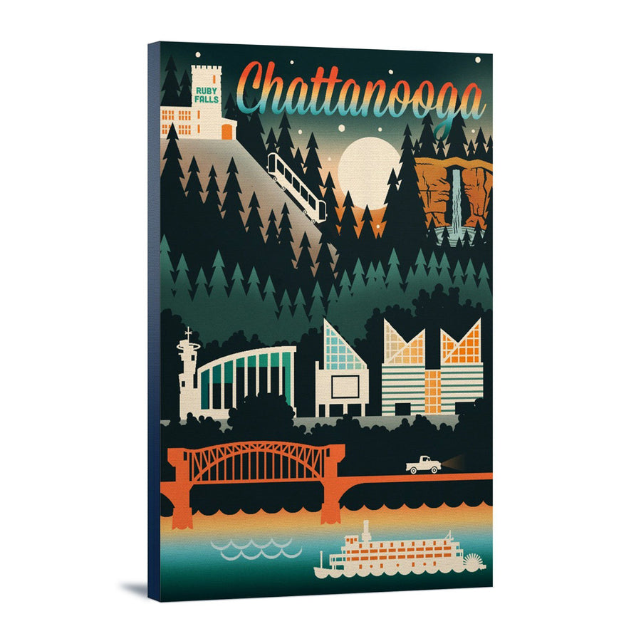 Chattanooga, Tennessee, Retro Skyline Chromatic Series, Lantern Press Artwork, Stretched Canvas Canvas Lantern Press 