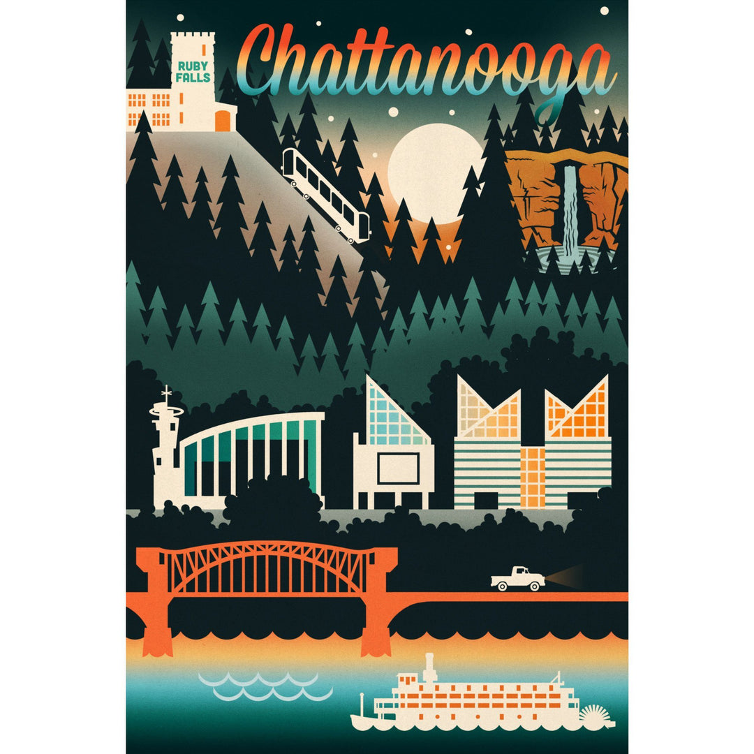 Chattanooga, Tennessee, Retro Skyline Chromatic Series, Lantern Press Artwork, Stretched Canvas Canvas Lantern Press 